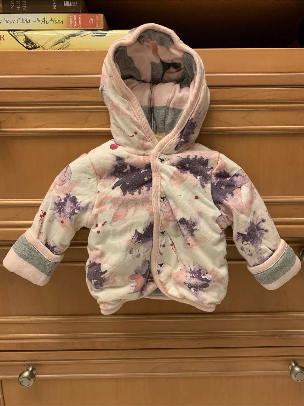REVERSIBLE Burt’s Bees Baby Hooded Quilted Jacket in Pink & Purple Floral